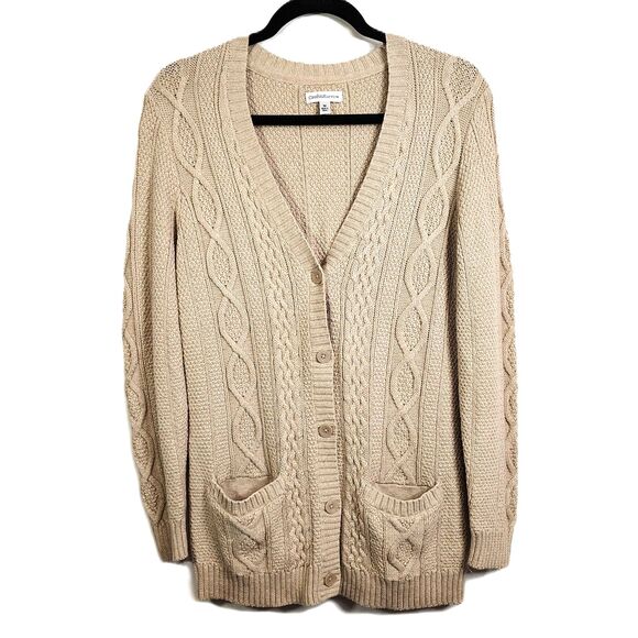 CROFT & BARROW Cotton Glittery Tan Cardigan Medium Women's Cable Knit Sweater - Picture 1 of 5